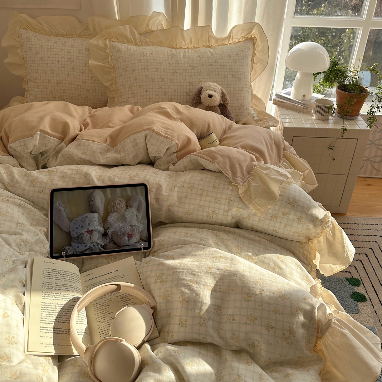 91家纺网 家纺一手货源 找家纺 六巷胡同 2026新款韩系博主风花边款小碎花全棉双层纱四件套 双层纱-山岛野桂