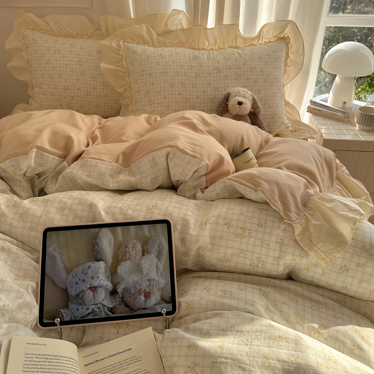 91家纺网 家纺一手货源 找家纺 六巷胡同 2026新款韩系博主风花边款小碎花全棉双层纱四件套 双层纱-山岛野桂