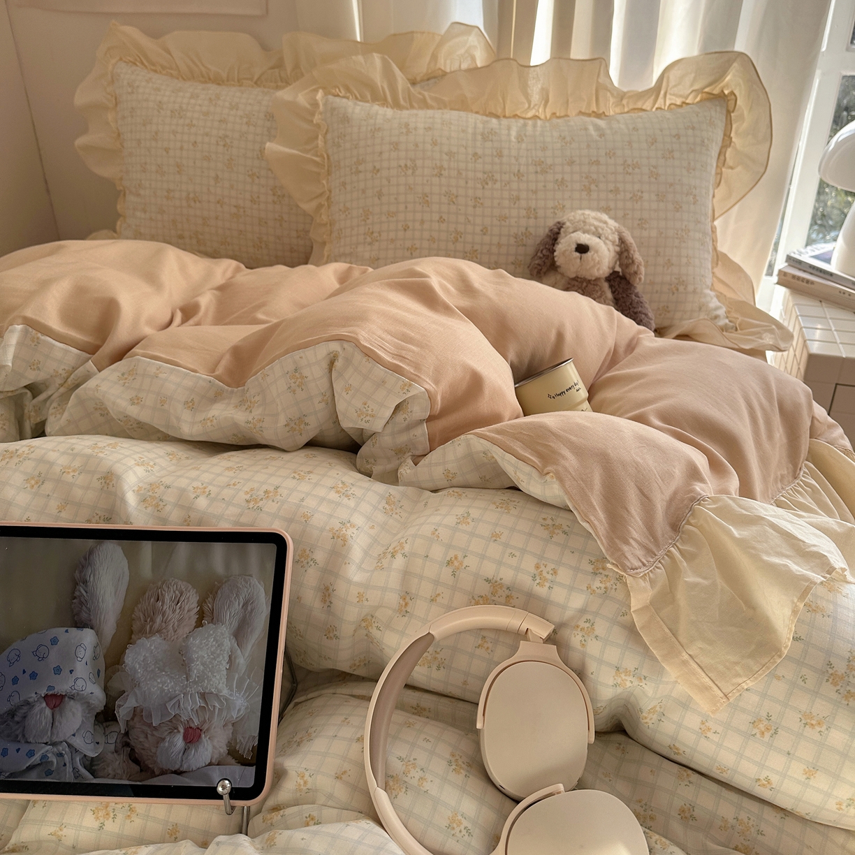 91家纺网 家纺一手货源 找家纺 六巷胡同 2026新款韩系博主风花边款小碎花全棉双层纱四件套 双层纱-山岛野桂