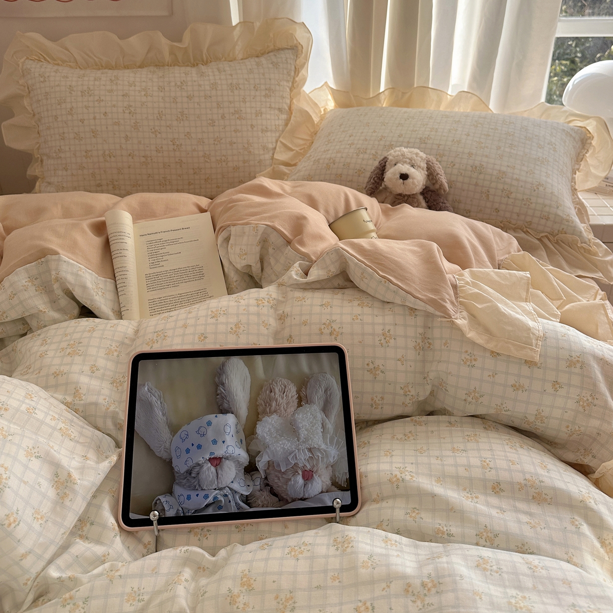 91家纺网 家纺一手货源 找家纺 六巷胡同 2026新款韩系博主风花边款小碎花全棉双层纱四件套 双层纱-山岛野桂