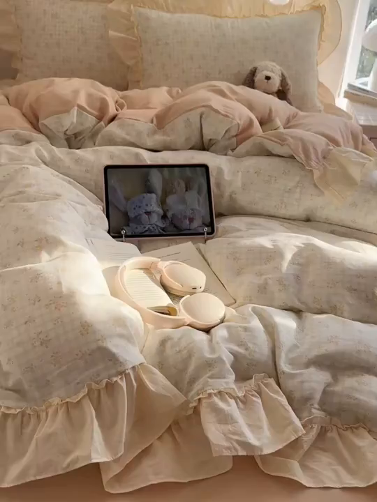 91家纺网 家纺一手货源 找家纺 六巷胡同 2026新款韩系博主风花边款小碎花全棉双层纱四件套 双层纱-山岛野桂