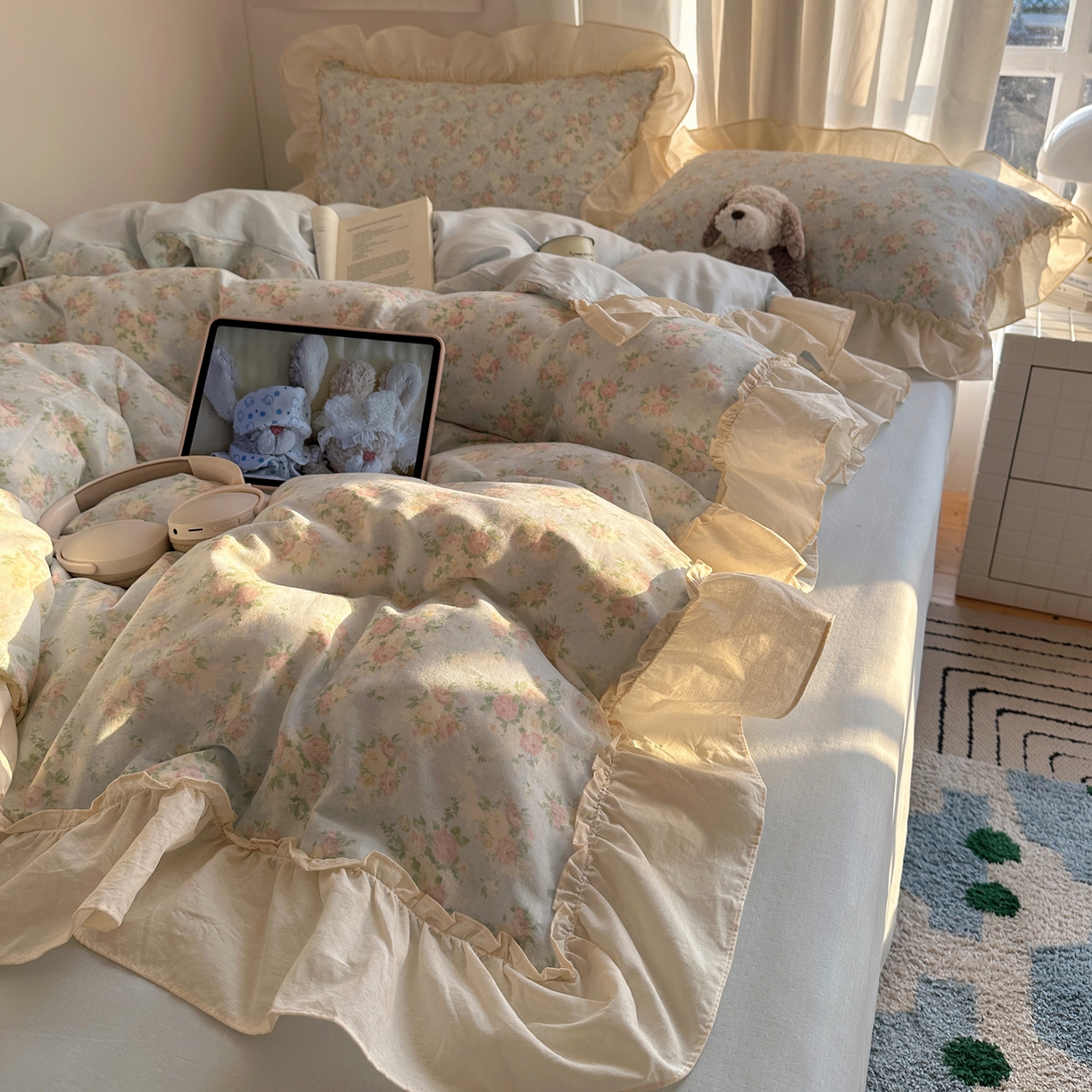 六巷胡同 2026新款韩系博主风花边款小碎花全棉双层纱四件套 双层纱-十里蔷薇