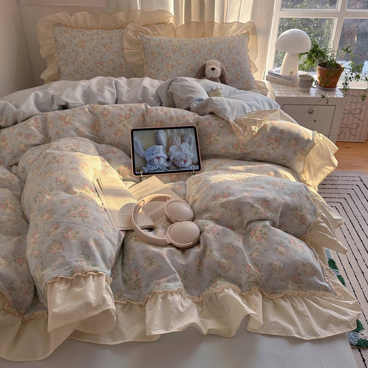 91家纺网 家纺一手货源 找家纺 六巷胡同 2026新款韩系博主风花边款小碎花全棉双层纱四件套 双层纱-十里蔷薇