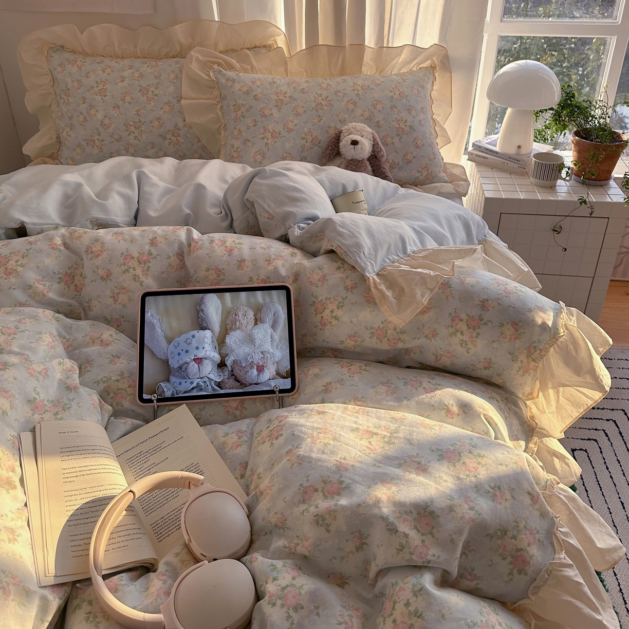 91家纺网 家纺一手货源 找家纺 六巷胡同 2026新款韩系博主风花边款小碎花全棉双层纱四件套 双层纱-十里蔷薇