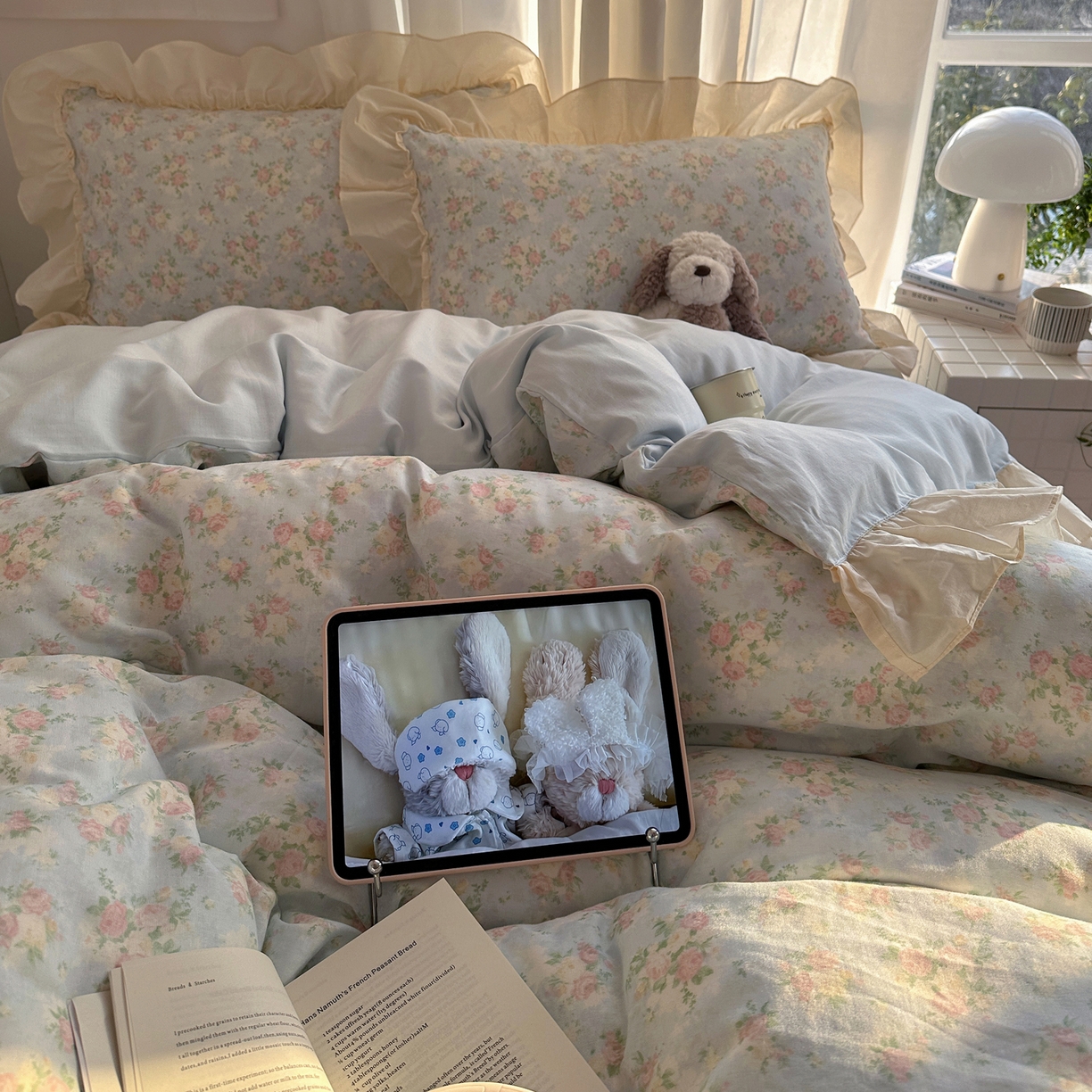 91家纺网 家纺一手货源 找家纺 六巷胡同 2026新款韩系博主风花边款小碎花全棉双层纱四件套 双层纱-十里蔷薇