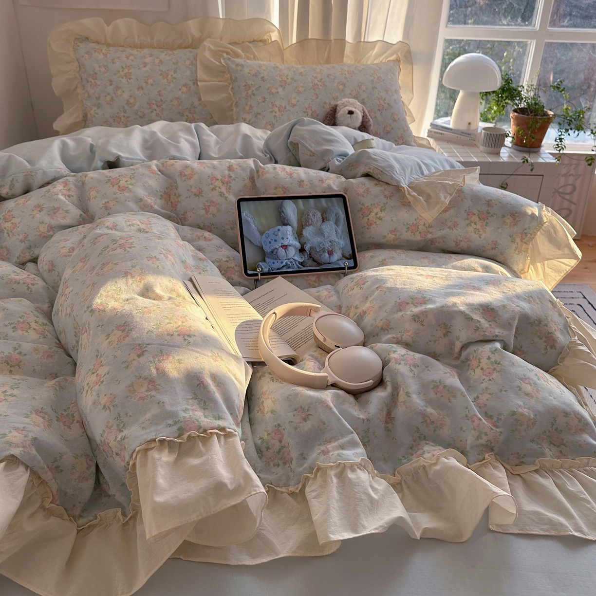 91家纺网 家纺一手货源 找家纺 六巷胡同 2026新款韩系博主风花边款小碎花全棉双层纱四件套 双层纱-十里蔷薇