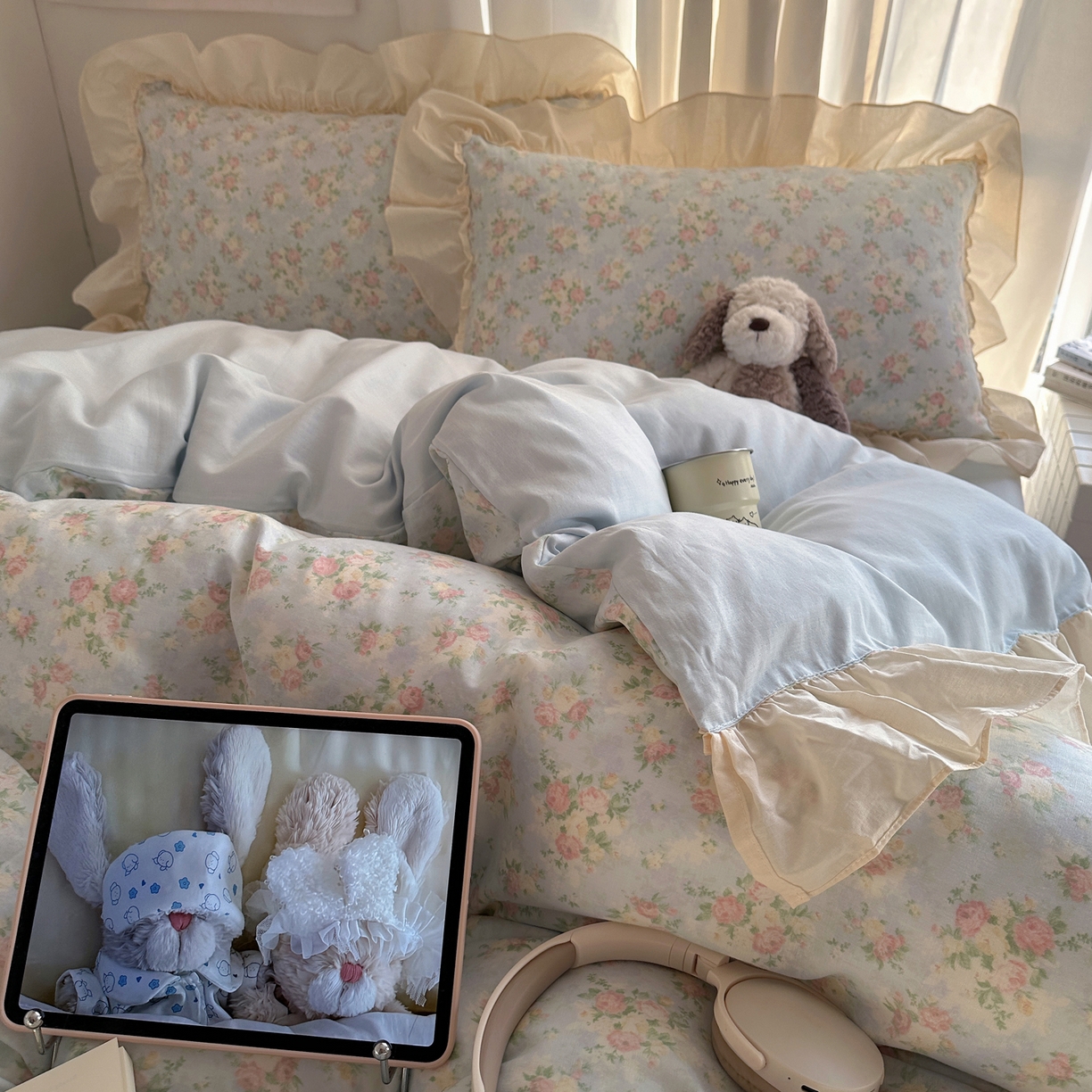 91家纺网 家纺一手货源 找家纺 六巷胡同 2026新款韩系博主风花边款小碎花全棉双层纱四件套 双层纱-十里蔷薇