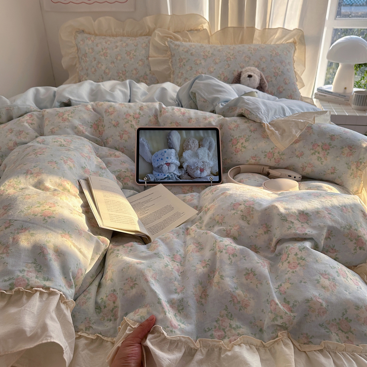 91家纺网 家纺一手货源 找家纺 六巷胡同 2026新款韩系博主风花边款小碎花全棉双层纱四件套 双层纱-十里蔷薇