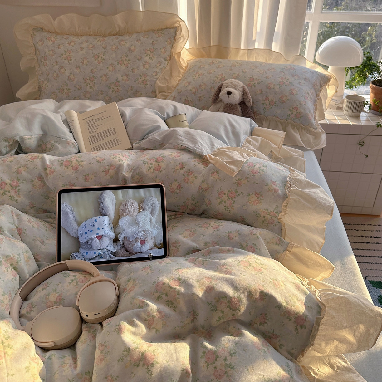 91家纺网 家纺一手货源 找家纺 六巷胡同 2026新款韩系博主风花边款小碎花全棉双层纱四件套 双层纱-十里蔷薇