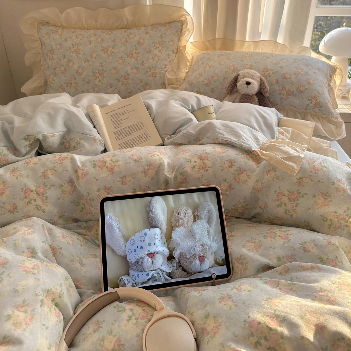 91家纺网 家纺一手货源 找家纺 六巷胡同 2026新款韩系博主风花边款小碎花全棉双层纱四件套 双层纱-十里蔷薇