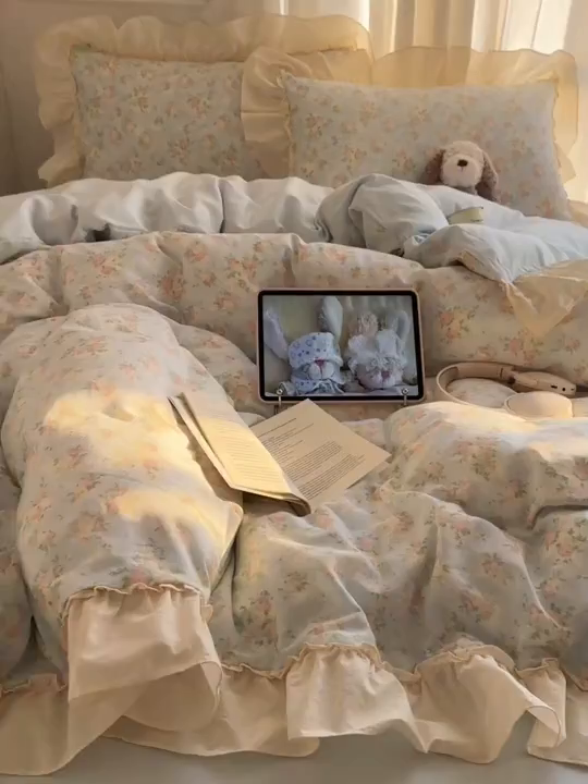 91家纺网 家纺一手货源 找家纺 六巷胡同 2026新款韩系博主风花边款小碎花全棉双层纱四件套 双层纱-十里蔷薇