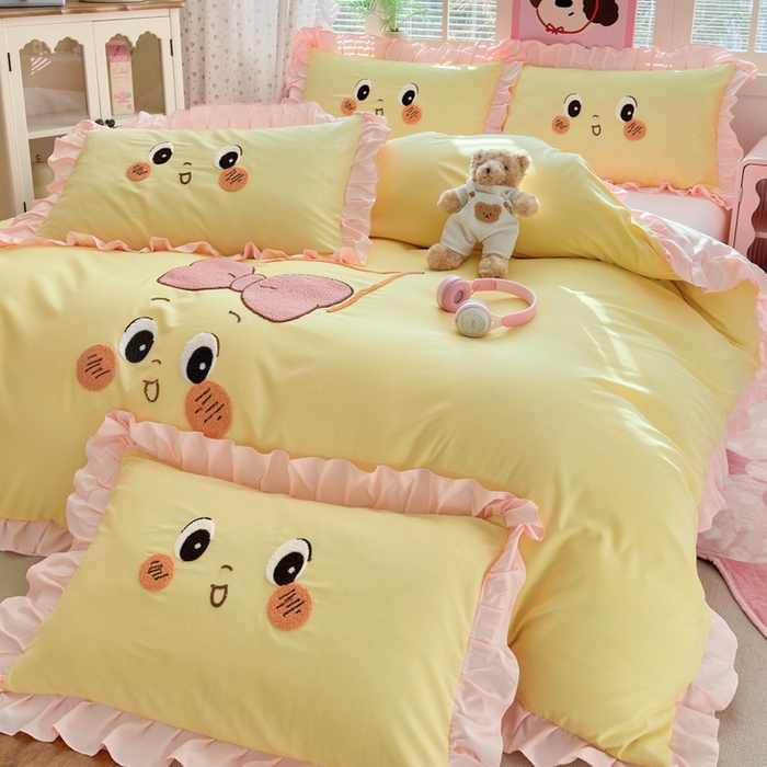 91家纺网 家纺一手货源 找家纺 （总）易禾家纺 2026新款韩版卡通可爱风水洗棉毛巾绣四件套系列（专版花型）