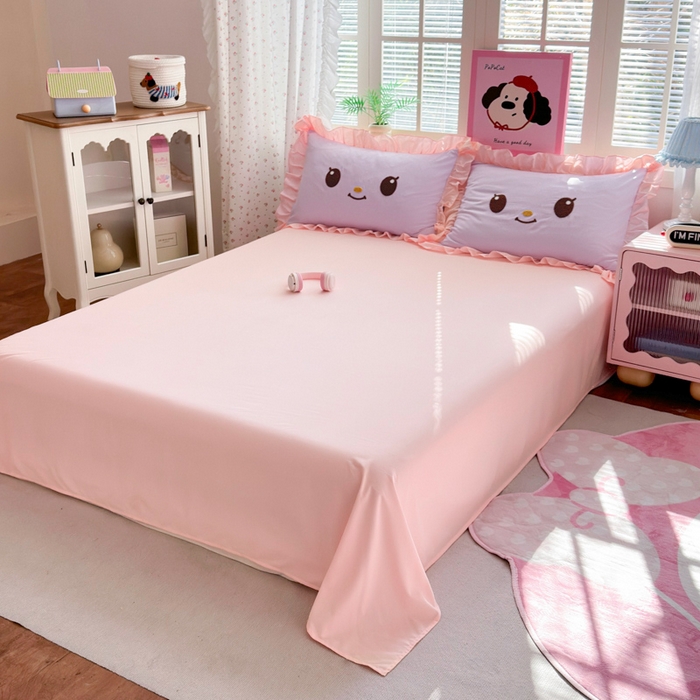 91家纺网 家纺一手货源 找家纺 易禾家纺 2026新款韩版卡通可爱风水洗棉毛巾绣四件套系列（专版花型） 小奶狗-紫粉