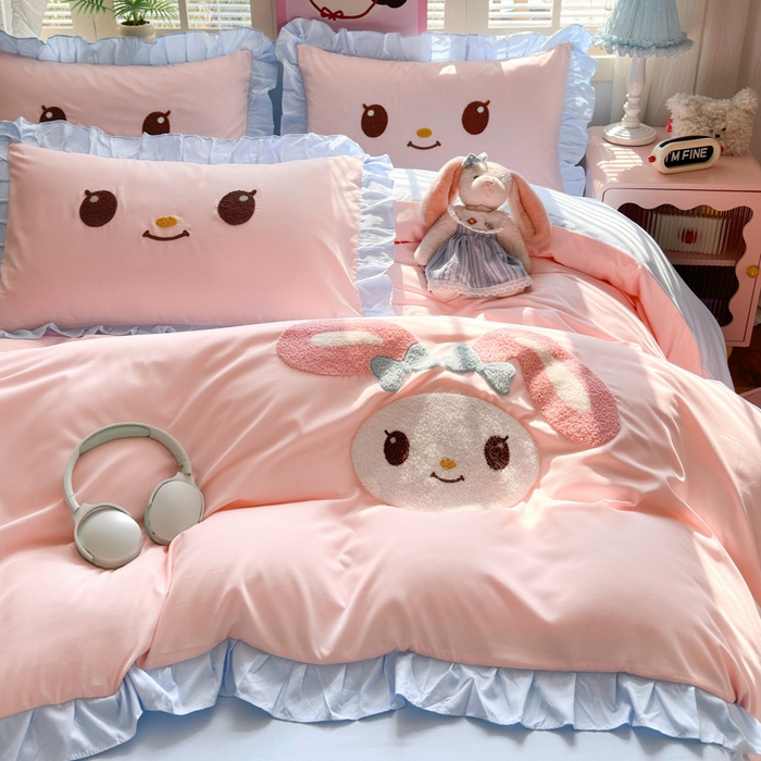 91家纺网 家纺一手货源 找家纺 易禾家纺 2026新款韩版卡通可爱风水洗棉毛巾绣四件套系列（专版花型） 小奶狗-粉蓝