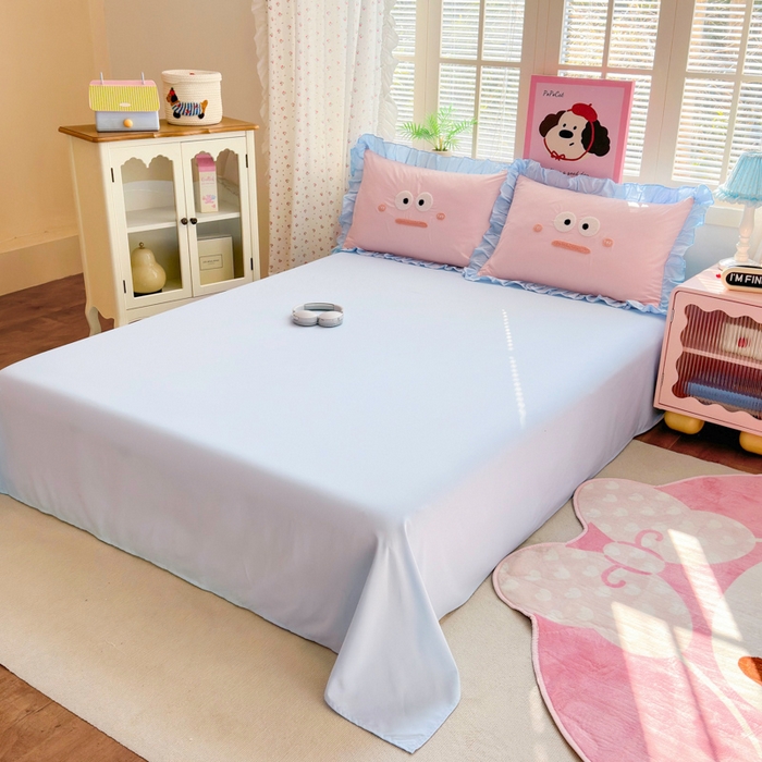 91家纺网 家纺一手货源 找家纺 易禾家纺 2026新款韩版卡通可爱风水洗棉毛巾绣四件套系列（专版花型） 大嘴鱼-浅蓝