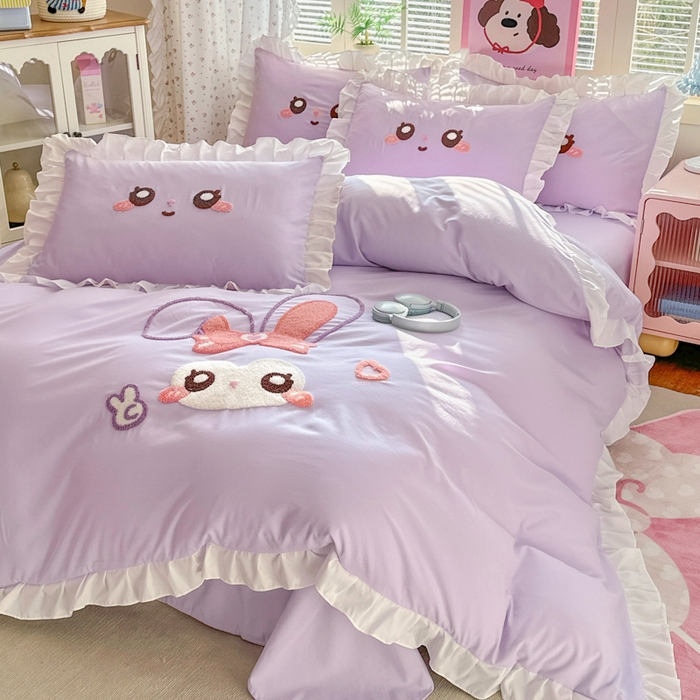 91家纺网 家纺一手货源 找家纺 易禾家纺 2026新款韩版卡通可爱风水洗棉毛巾绣四件套系列（专版花型） 大耳兔-浅紫