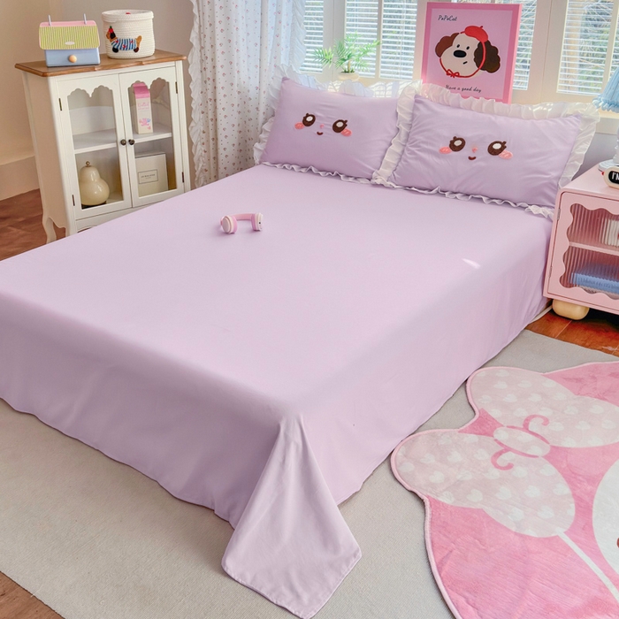 91家纺网 家纺一手货源 找家纺 易禾家纺 2026新款韩版卡通可爱风水洗棉毛巾绣四件套系列（专版花型） 大耳兔-浅紫