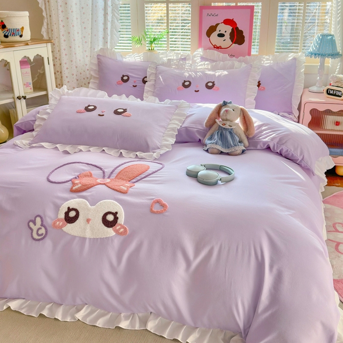 易禾家纺 2026新款韩版卡通可爱风水洗棉毛巾绣四件套系列（专版花型） 大耳兔-浅紫