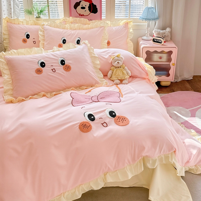 91家纺网 家纺一手货源 找家纺 易禾家纺 2026新款韩版卡通可爱风水洗棉毛巾绣四件套系列（专版花型） 星空梦-粉杏