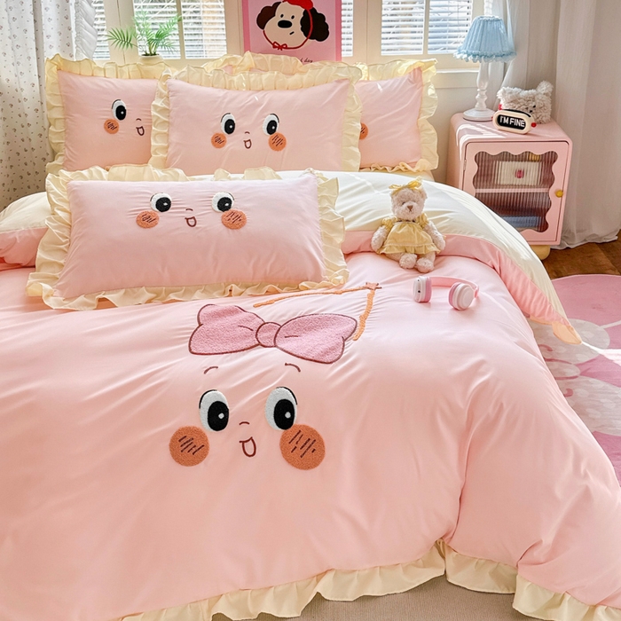 91家纺网 家纺一手货源 找家纺 易禾家纺 2026新款韩版卡通可爱风水洗棉毛巾绣四件套系列（专版花型） 星空梦-粉杏