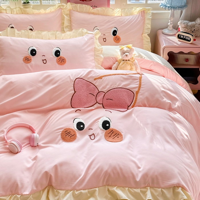 91家纺网 家纺一手货源 找家纺 易禾家纺 2026新款韩版卡通可爱风水洗棉毛巾绣四件套系列（专版花型） 星空梦-粉杏