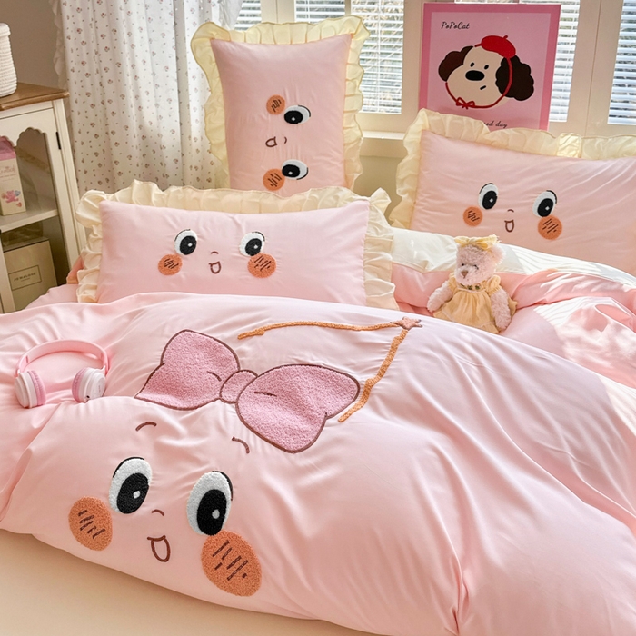 91家纺网 家纺一手货源 找家纺 易禾家纺 2026新款韩版卡通可爱风水洗棉毛巾绣四件套系列（专版花型） 星空梦-粉杏