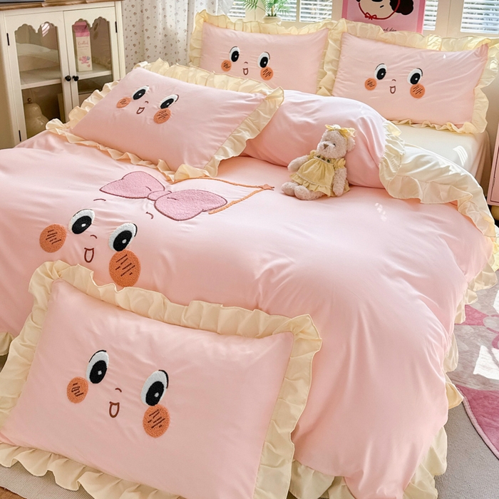 91家纺网 家纺一手货源 找家纺 易禾家纺 2026新款韩版卡通可爱风水洗棉毛巾绣四件套系列（专版花型） 星空梦-粉杏