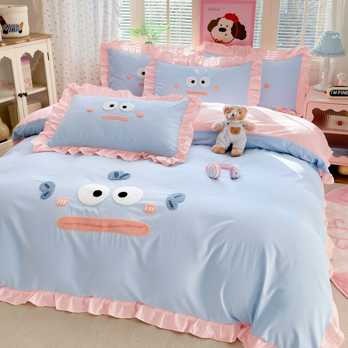 易禾家纺 2026新款韩版卡通可爱风水洗棉毛巾绣四件套系列（专版花型） 大嘴鱼-蓝粉