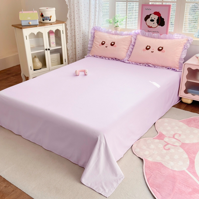 91家纺网 家纺一手货源 找家纺 易禾家纺 2026新款韩版卡通可爱风水洗棉毛巾绣四件套系列（专版花型） 大耳兔-粉紫