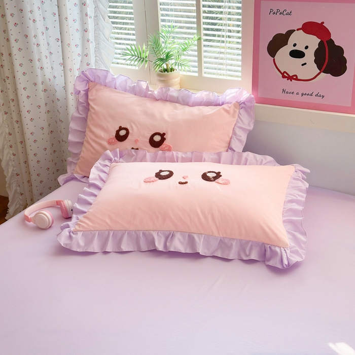 91家纺网 家纺一手货源 找家纺 易禾家纺 2026新款韩版卡通可爱风水洗棉毛巾绣四件套系列（专版花型） 大耳兔-粉紫