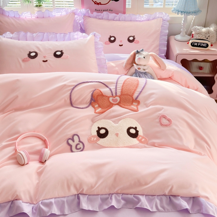 91家纺网 家纺一手货源 找家纺 易禾家纺 2026新款韩版卡通可爱风水洗棉毛巾绣四件套系列（专版花型） 大耳兔-粉紫