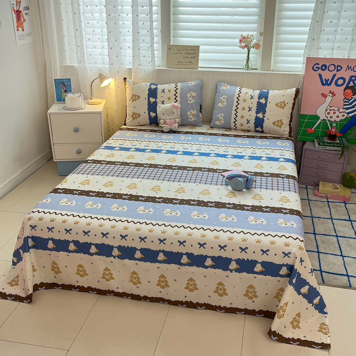 91家纺网 家纺一手货源 找家纺 桃子家居 2026新款纯棉全棉单品印花卡通可爱少女床单床笠枕套系列 棉单品-波西费尔岛小狗