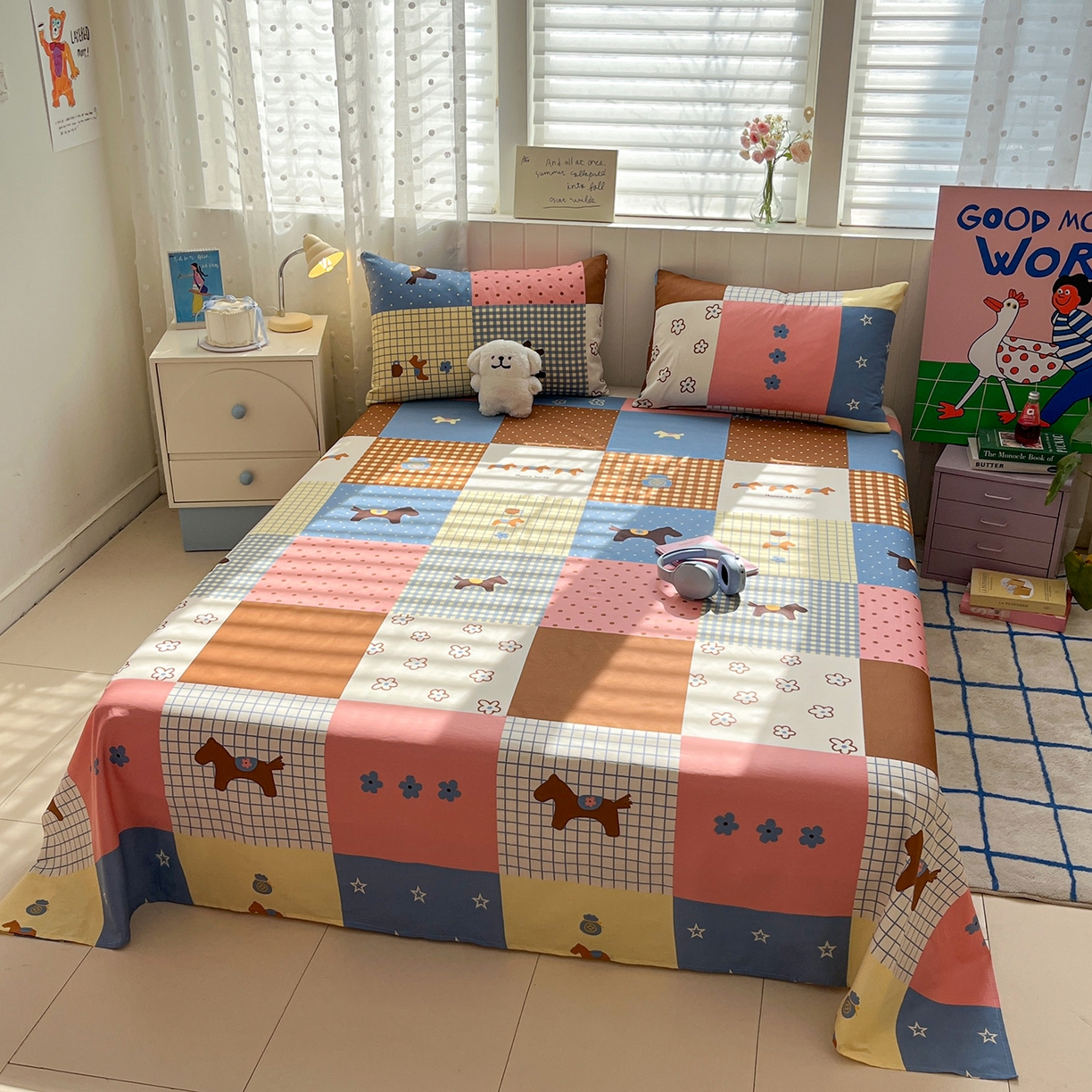 91家纺网 家纺一手货源 找家纺 桃子家居 2026新款纯棉全棉单品印花卡通可爱少女床单床笠枕套系列 棉单品-彩格小马