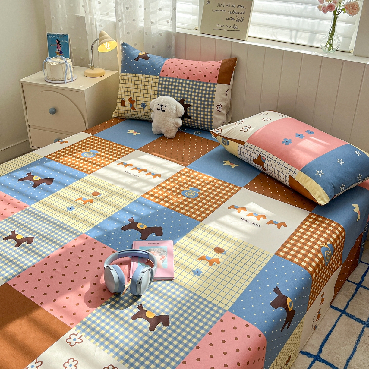 91家纺网 家纺一手货源 找家纺 桃子家居 2026新款纯棉全棉单品印花卡通可爱少女床单床笠枕套系列 棉单品-彩格小马