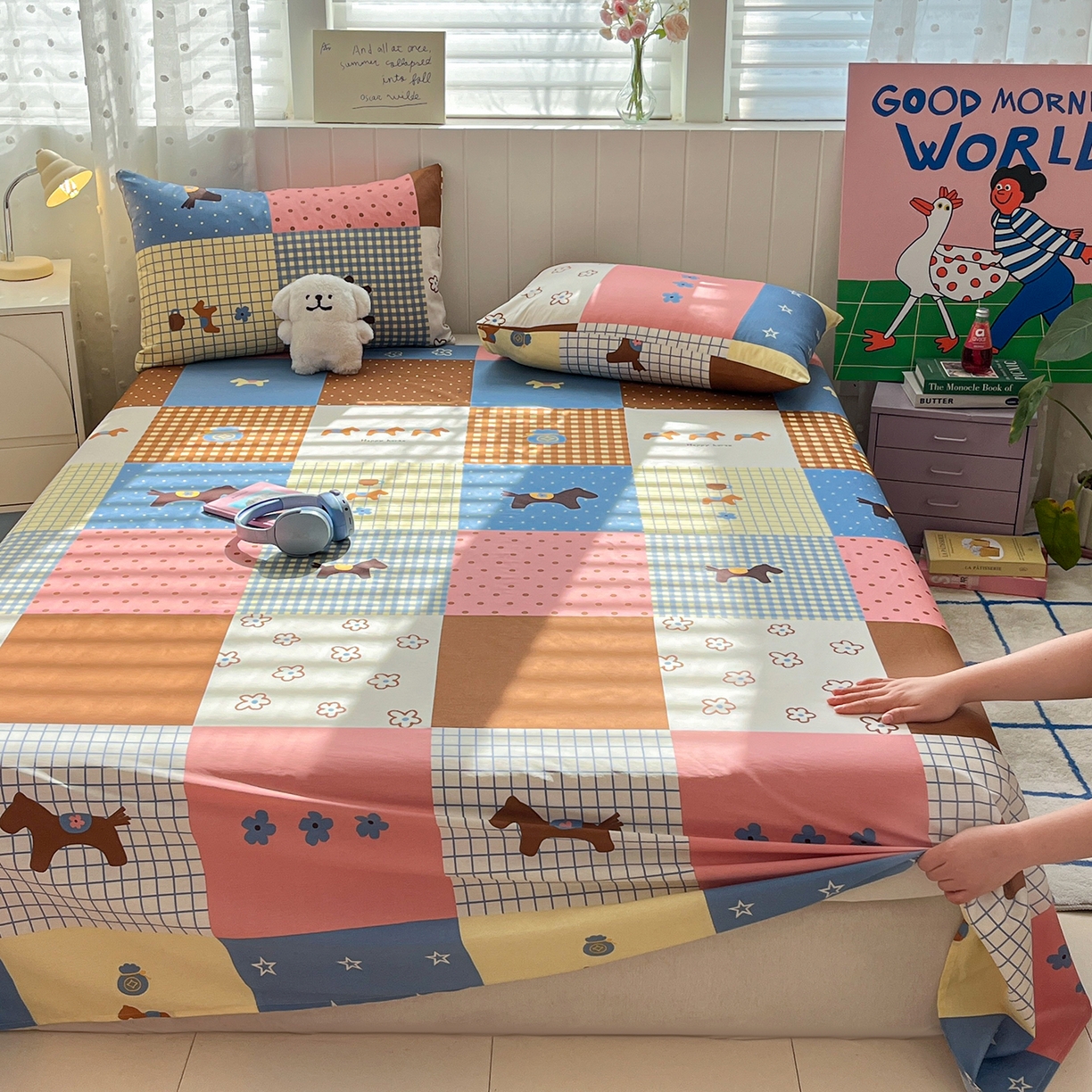 91家纺网 家纺一手货源 找家纺 桃子家居 2026新款纯棉全棉单品印花卡通可爱少女床单床笠枕套系列 棉单品-彩格小马