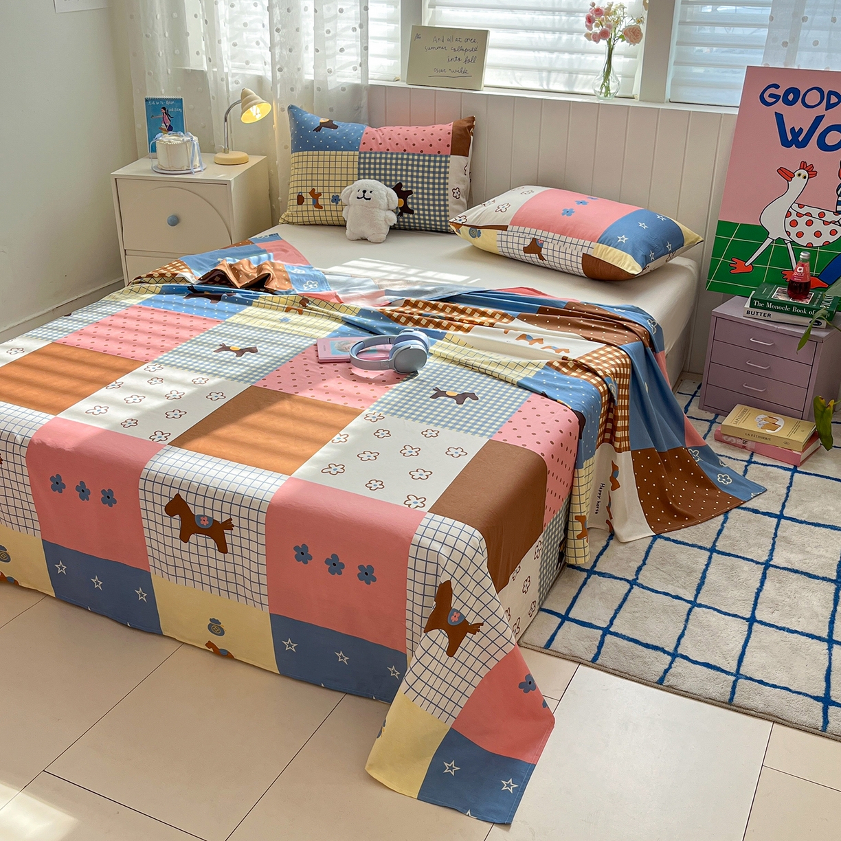 91家纺网 家纺一手货源 找家纺 桃子家居 2026新款纯棉全棉单品印花卡通可爱少女床单床笠枕套系列 棉单品-彩格小马