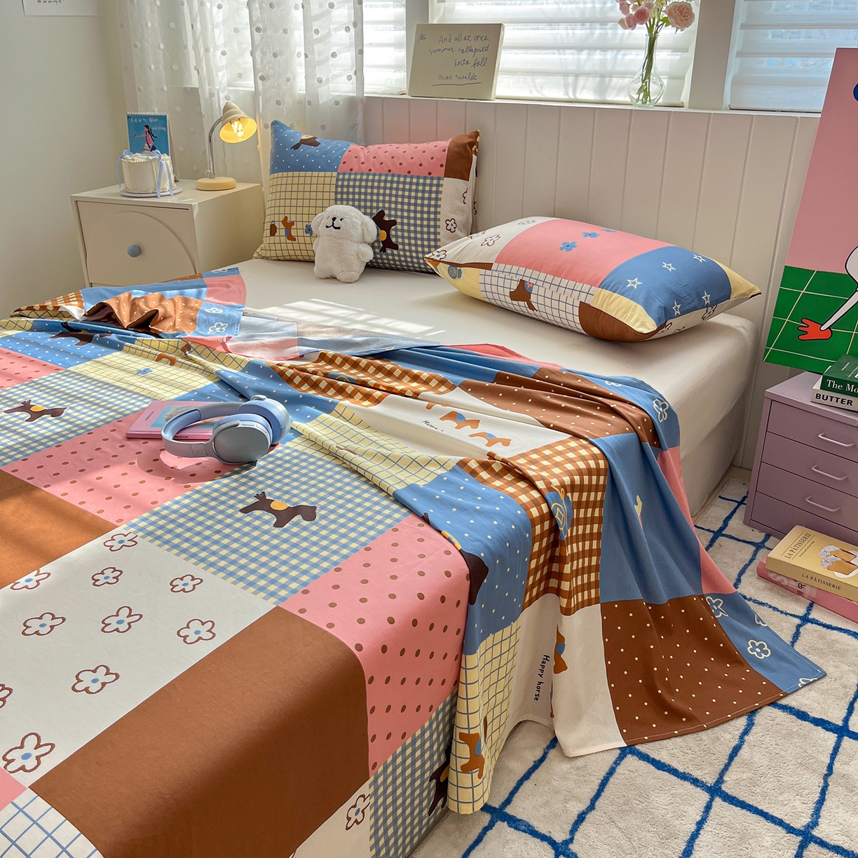 91家纺网 家纺一手货源 找家纺 桃子家居 2026新款纯棉全棉单品印花卡通可爱少女床单床笠枕套系列 棉单品-彩格小马