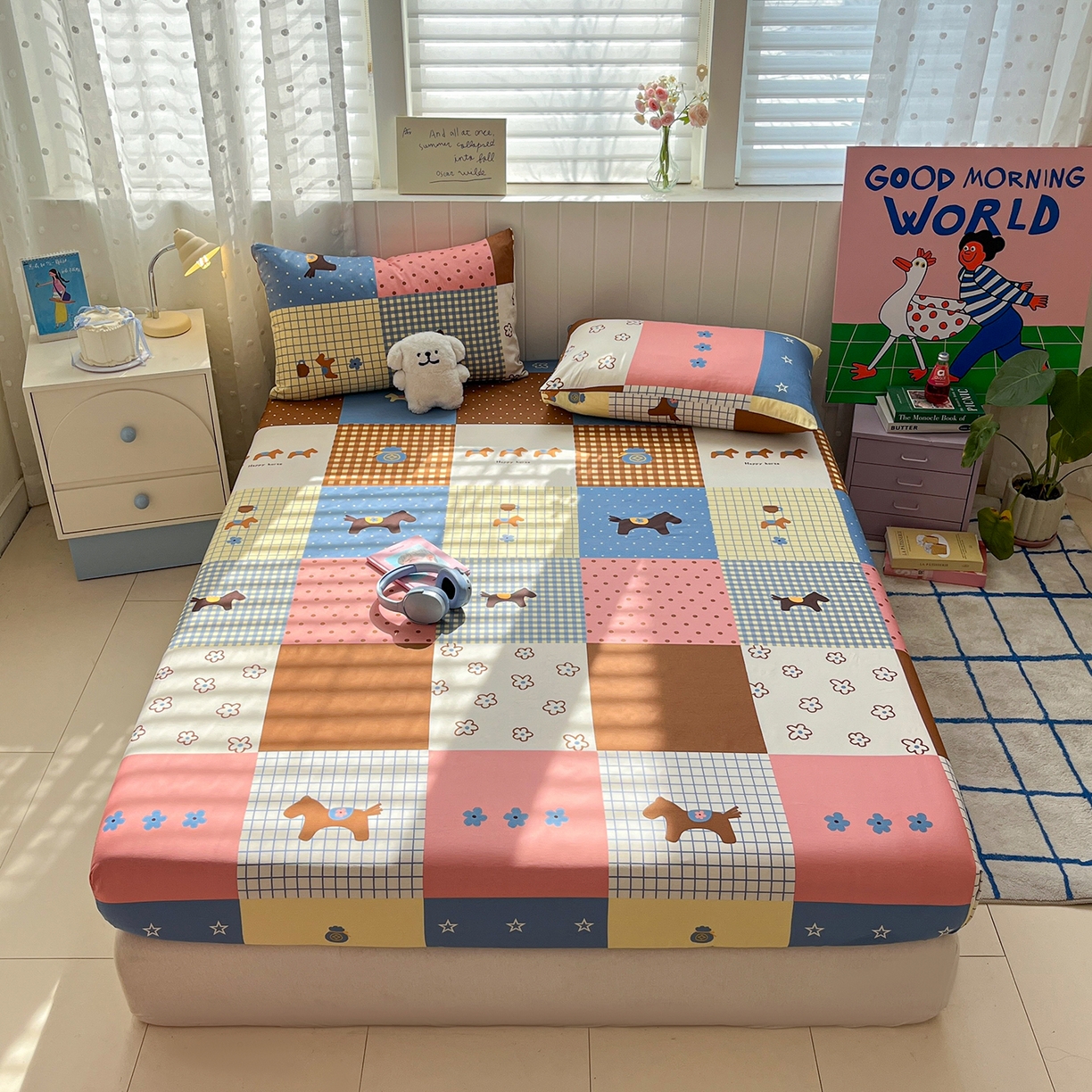 91家纺网 家纺一手货源 找家纺 桃子家居 2026新款纯棉全棉单品印花卡通可爱少女床单床笠枕套系列 棉单品-彩格小马