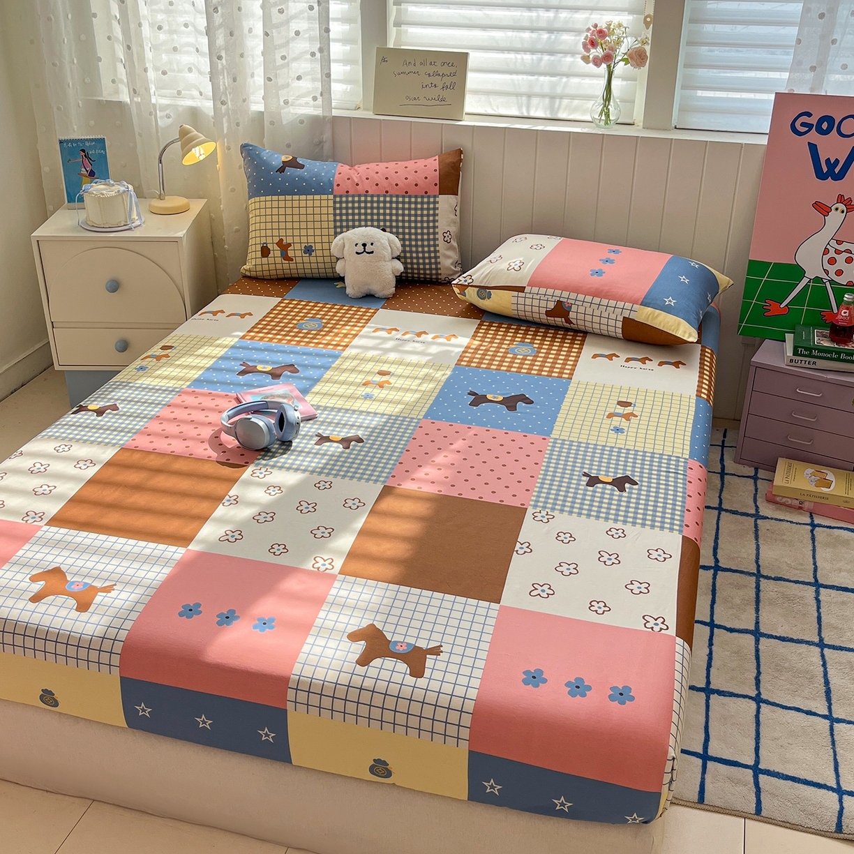 91家纺网 家纺一手货源 找家纺 桃子家居 2026新款纯棉全棉单品印花卡通可爱少女床单床笠枕套系列 棉单品-彩格小马