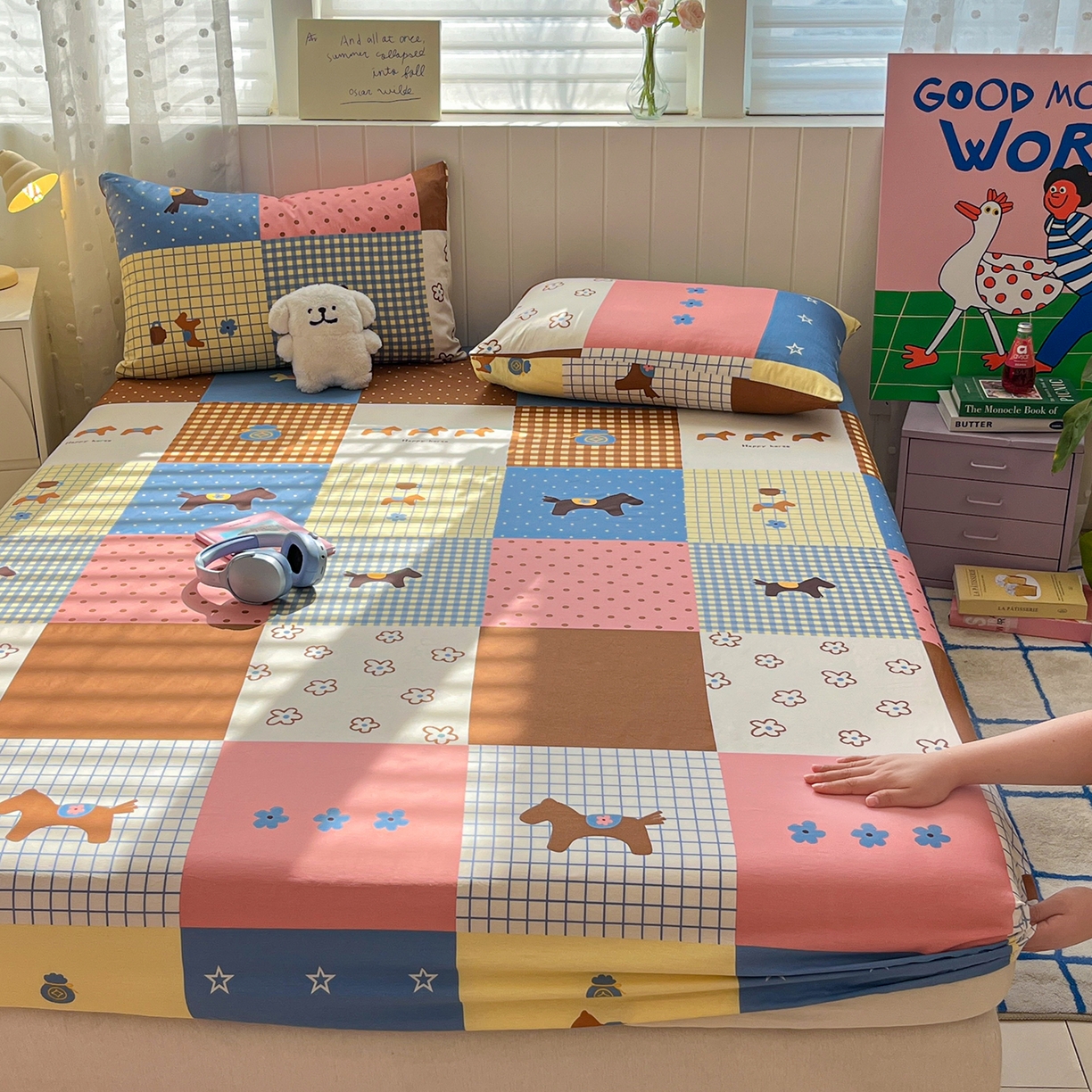 91家纺网 家纺一手货源 找家纺 桃子家居 2026新款纯棉全棉单品印花卡通可爱少女床单床笠枕套系列 棉单品-彩格小马