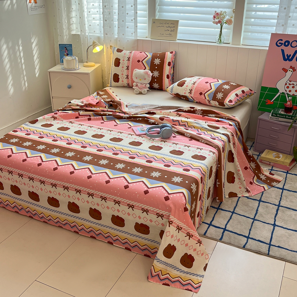 91家纺网 家纺一手货源 找家纺 桃子家居 2026新款纯棉全棉单品印花卡通可爱少女床单床笠枕套系列 棉单品-粉粉黑皮猫