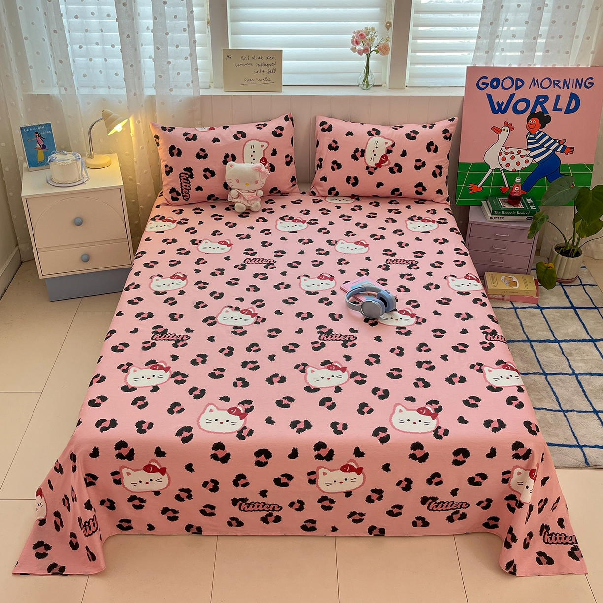 桃子家居 2026新款纯棉全棉单品印花卡通可爱少女床单床笠枕套系列 棉单品-粉色猫猫