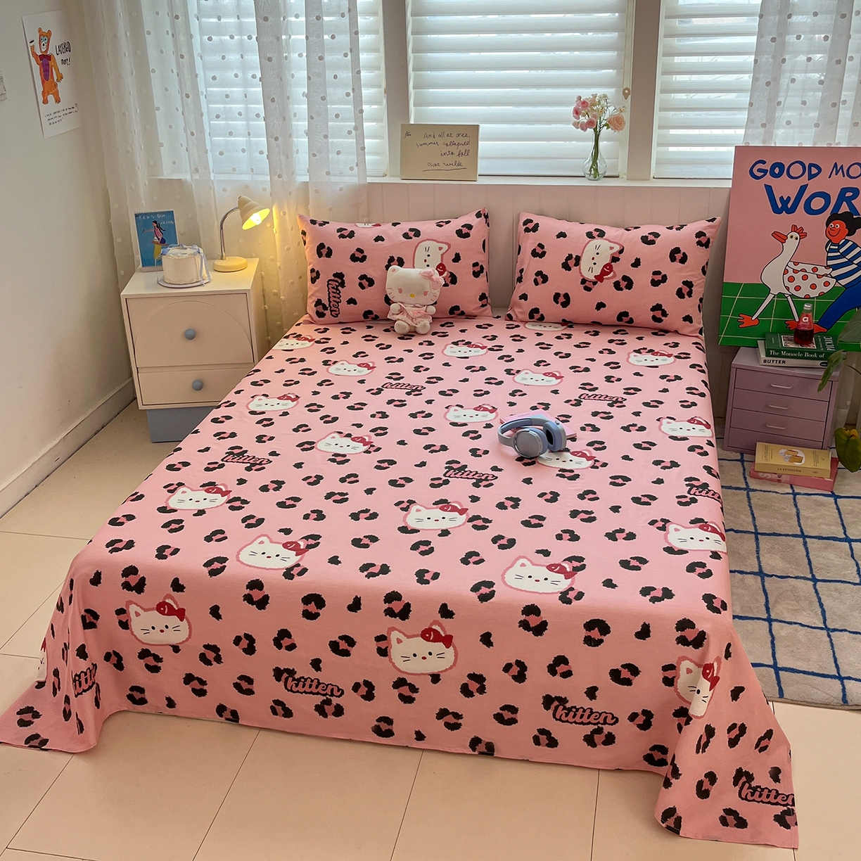 91家纺网 家纺一手货源 找家纺 桃子家居 2026新款纯棉全棉单品印花卡通可爱少女床单床笠枕套系列 棉单品-粉色猫猫