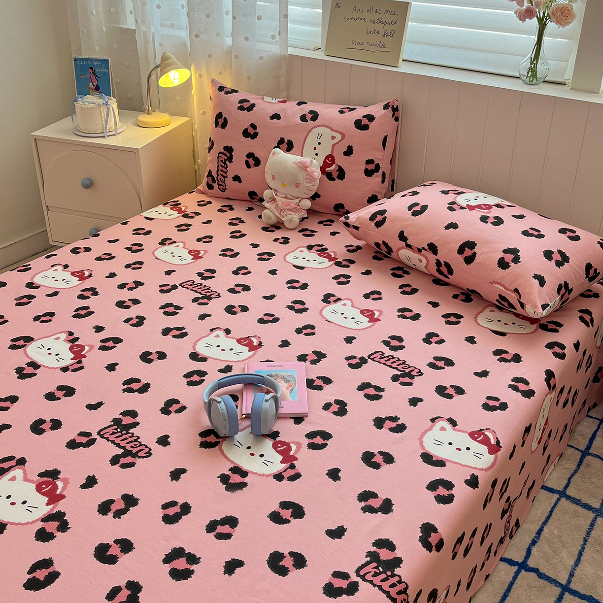 91家纺网 家纺一手货源 找家纺 桃子家居 2026新款纯棉全棉单品印花卡通可爱少女床单床笠枕套系列 棉单品-粉色猫猫