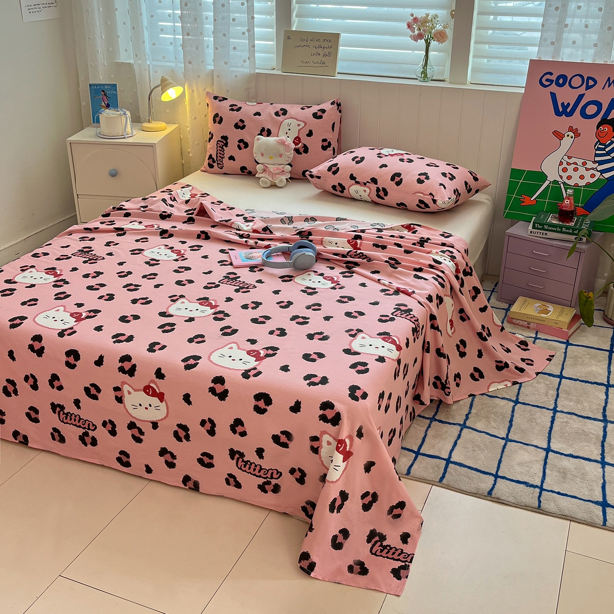 91家纺网 家纺一手货源 找家纺 桃子家居 2026新款纯棉全棉单品印花卡通可爱少女床单床笠枕套系列 棉单品-粉色猫猫