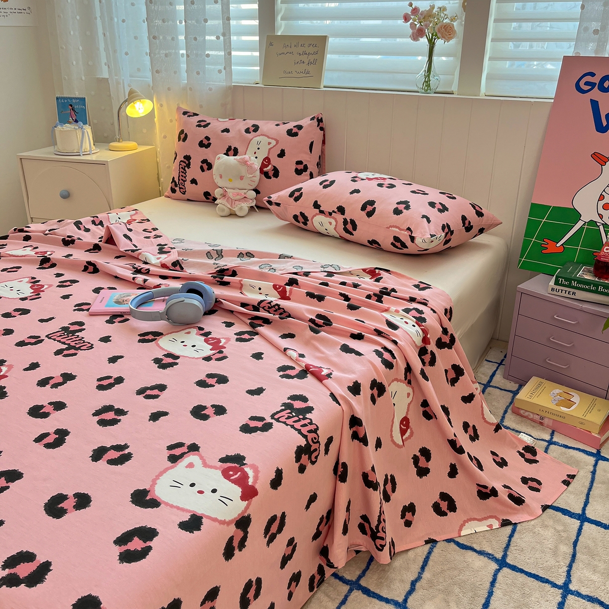 91家纺网 家纺一手货源 找家纺 桃子家居 2026新款纯棉全棉单品印花卡通可爱少女床单床笠枕套系列 棉单品-粉色猫猫