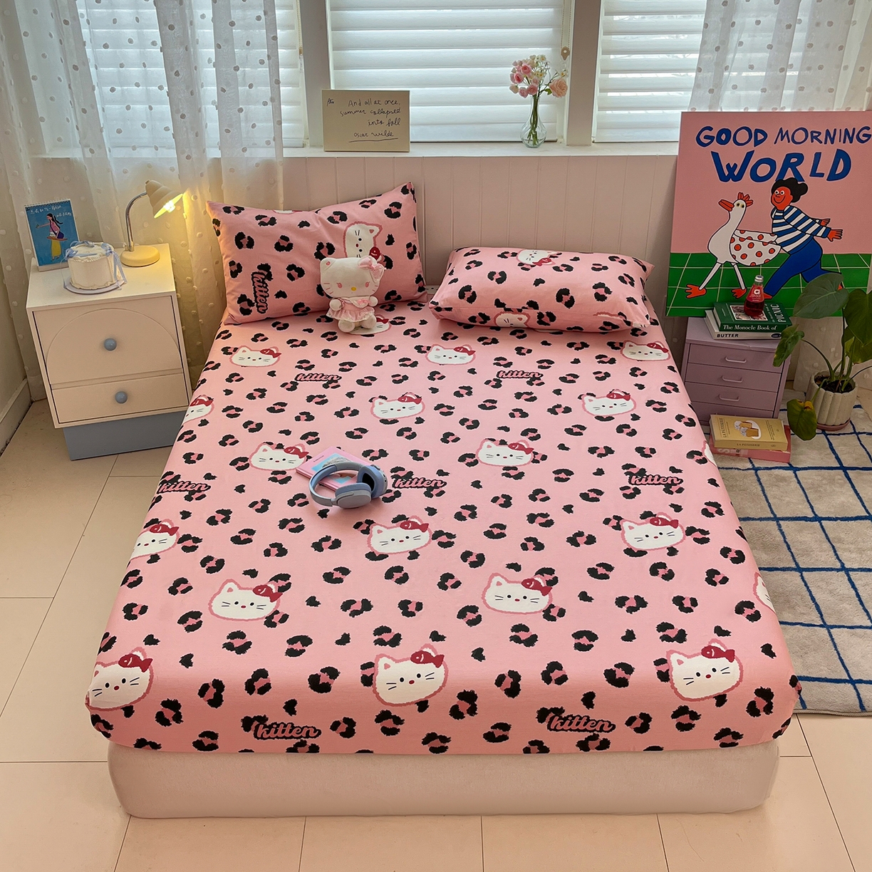 91家纺网 家纺一手货源 找家纺 桃子家居 2026新款纯棉全棉单品印花卡通可爱少女床单床笠枕套系列 棉单品-粉色猫猫