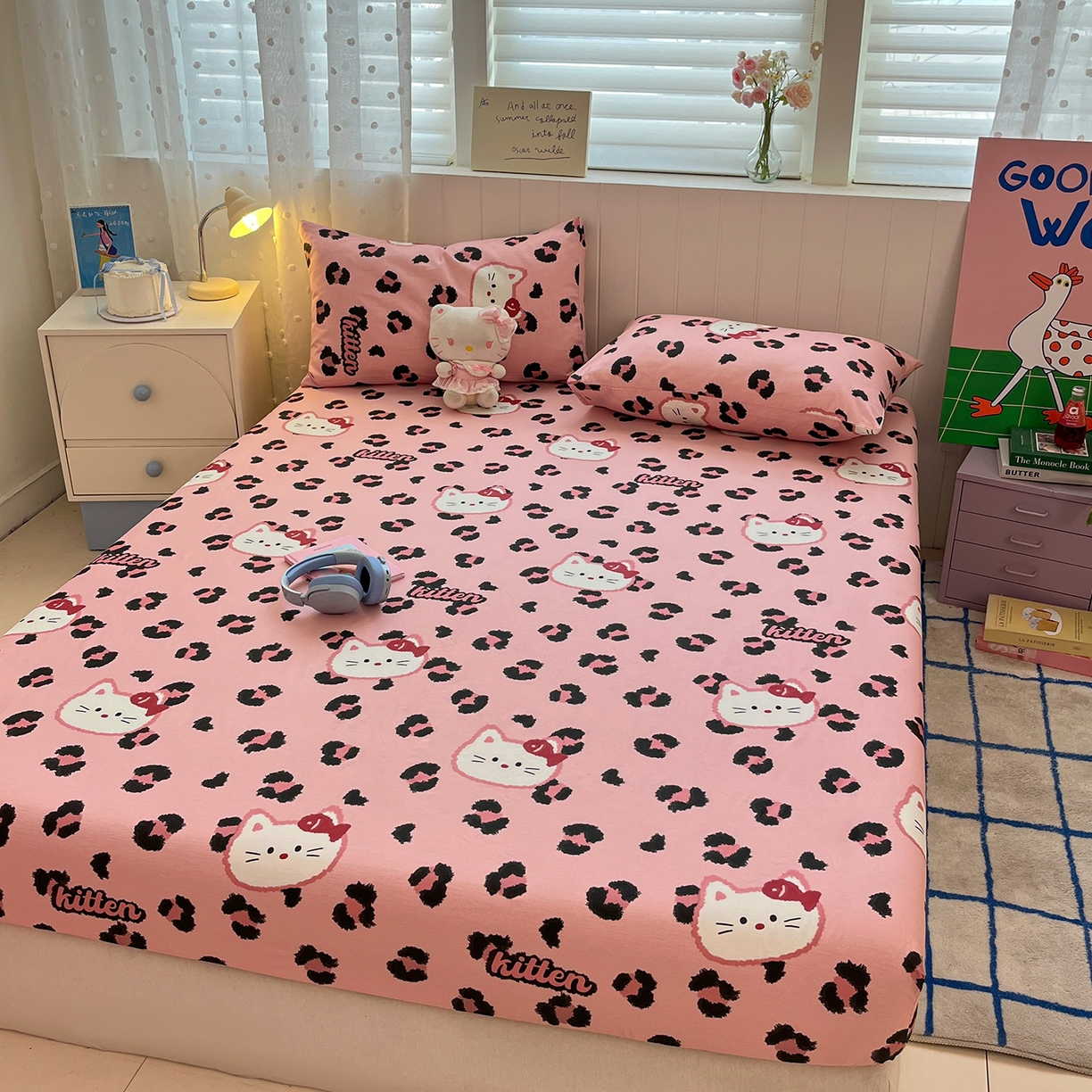 91家纺网 家纺一手货源 找家纺 桃子家居 2026新款纯棉全棉单品印花卡通可爱少女床单床笠枕套系列 棉单品-粉色猫猫