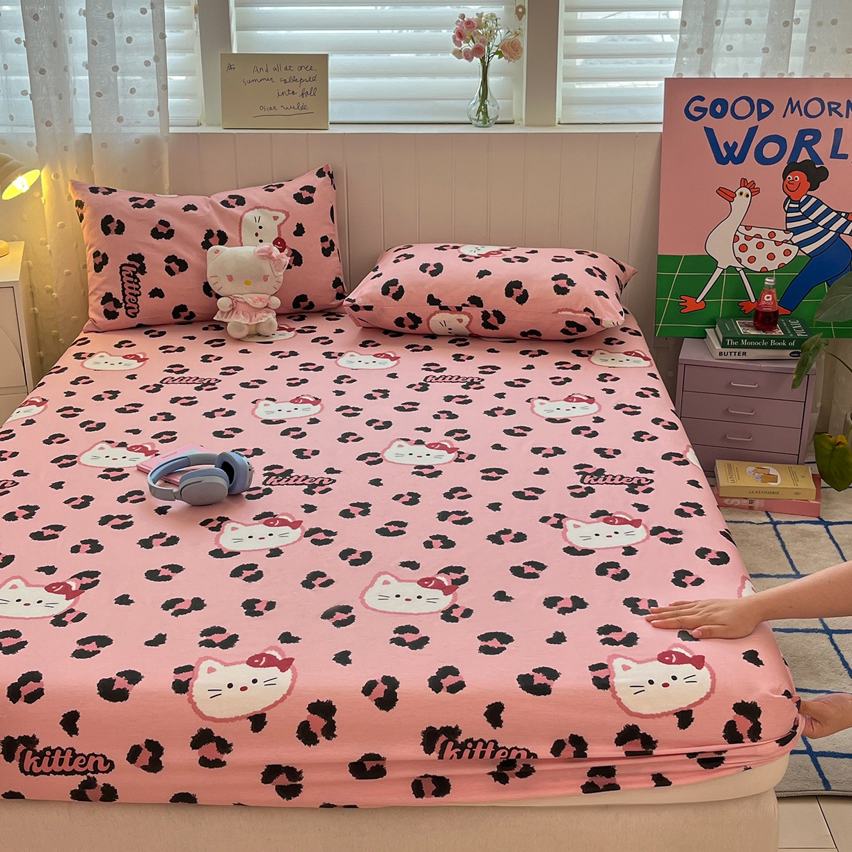 91家纺网 家纺一手货源 找家纺 桃子家居 2026新款纯棉全棉单品印花卡通可爱少女床单床笠枕套系列 棉单品-粉色猫猫