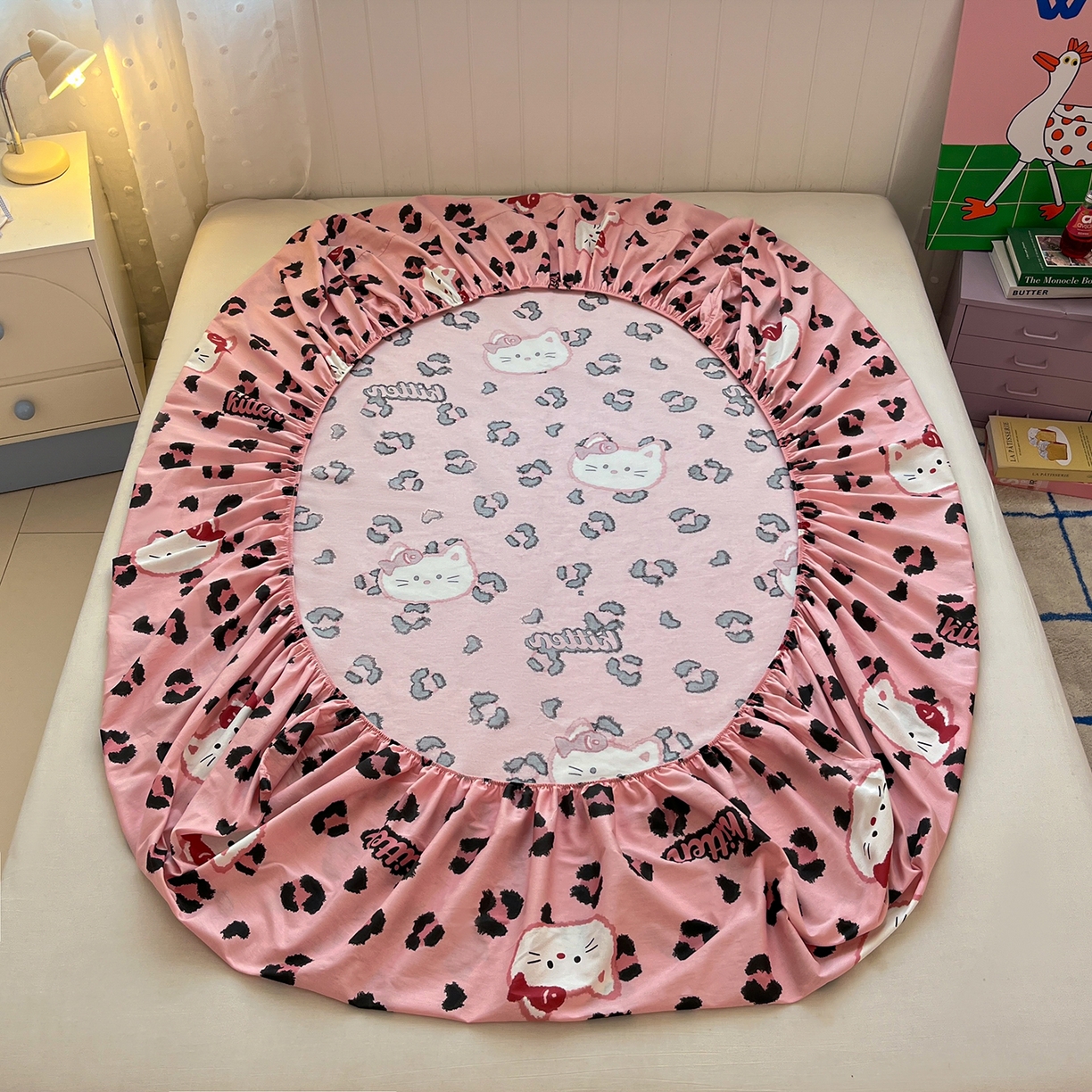 91家纺网 家纺一手货源 找家纺 桃子家居 2026新款纯棉全棉单品印花卡通可爱少女床单床笠枕套系列 棉单品-粉色猫猫